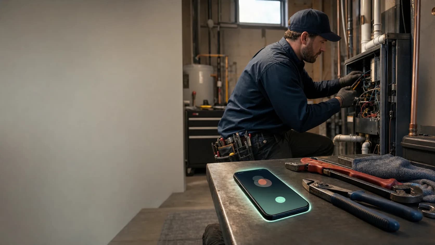 A service technician working while an incoming call rings on a nearby phone