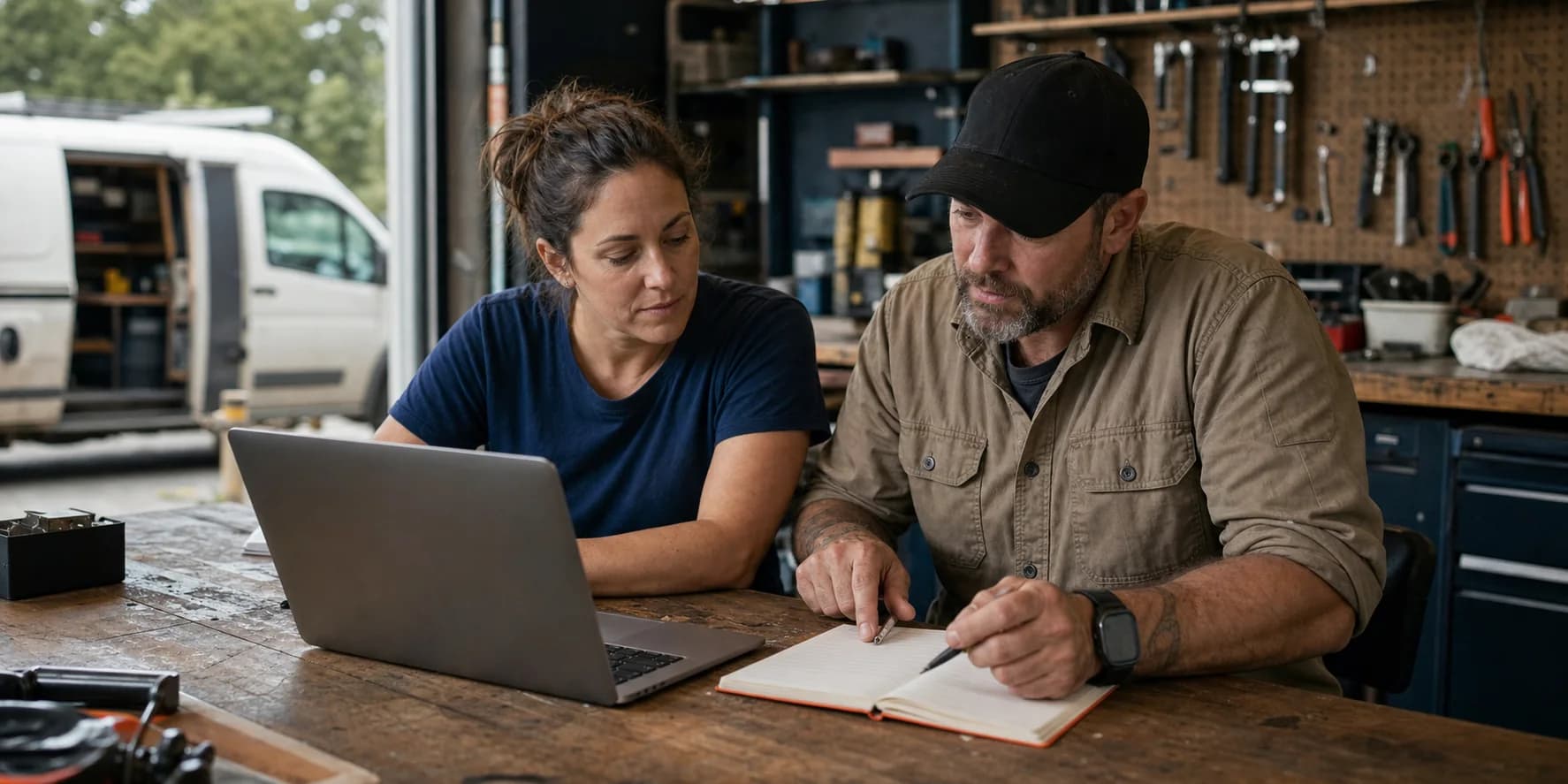 A service-business owner and technical operator reviewing a call-flow pilot together in a working shop