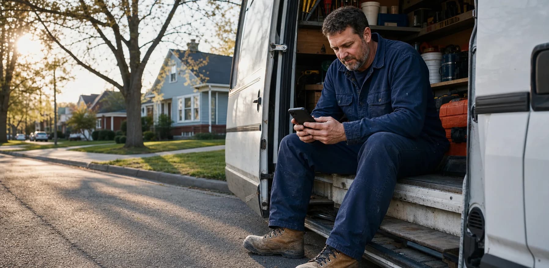 A service-business owner reviewing a captured opportunity on his phone at the open door of his work van