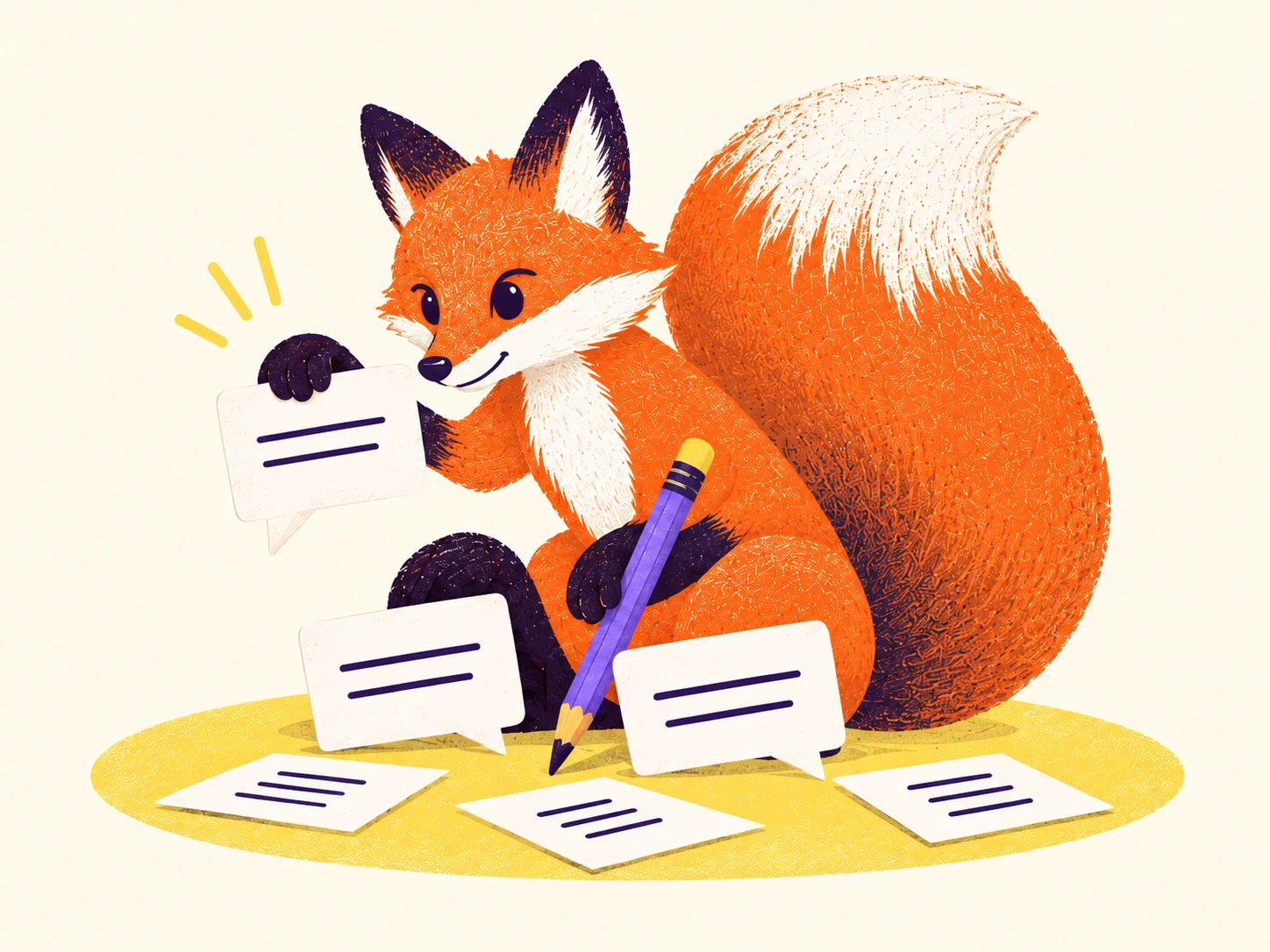 The ThreadFox fox with its purple pencil