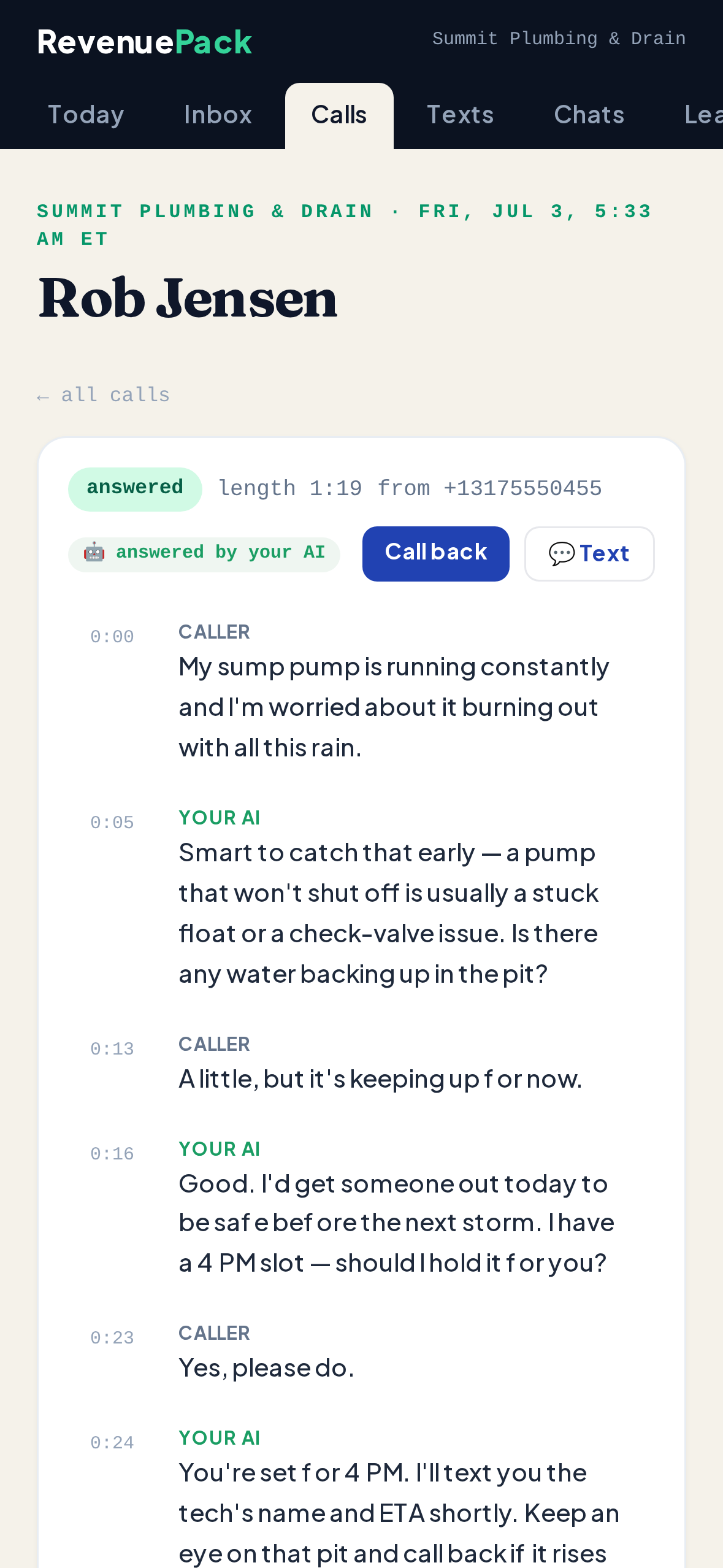 A caught call in the RevenuePack app on iPhone — answered badge, recording, and the full word-for-word transcript