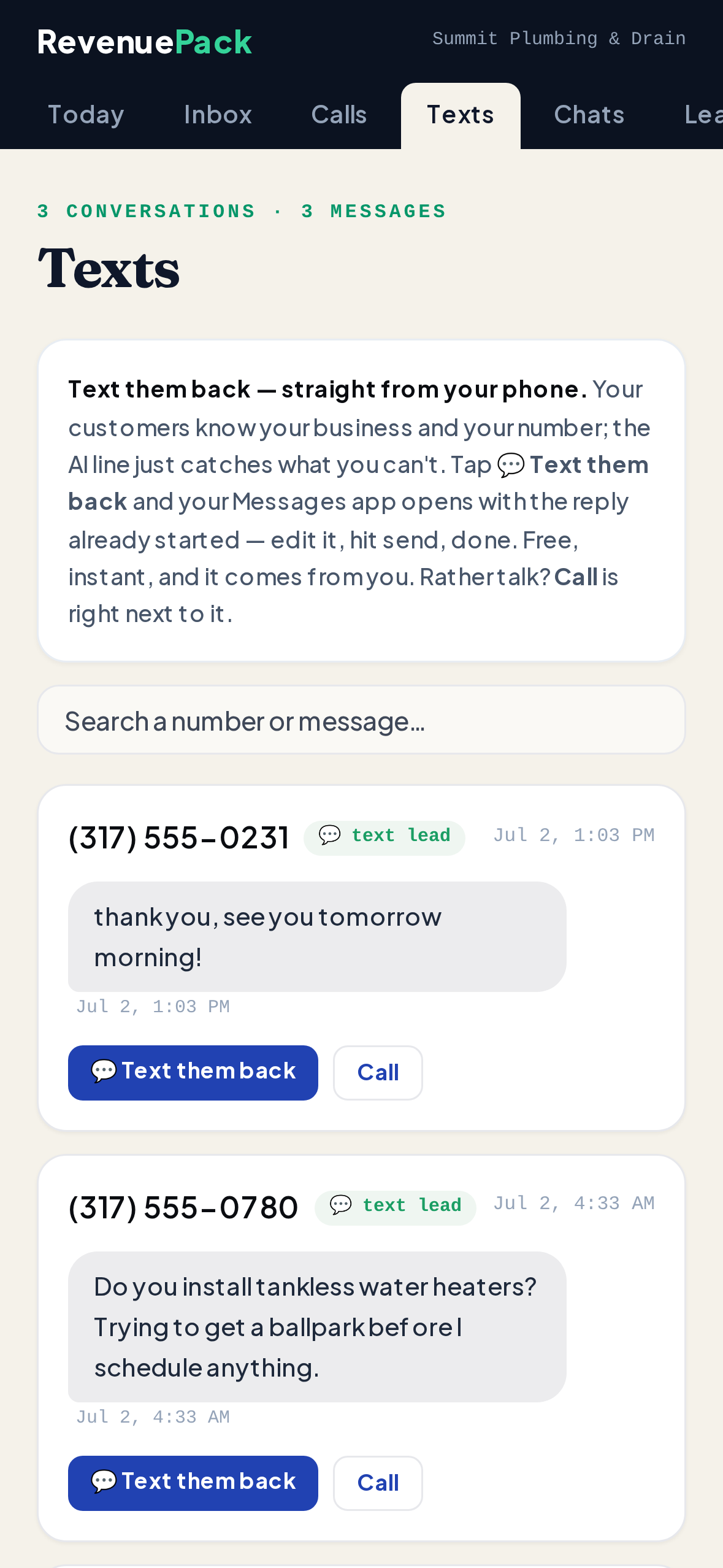 RevenuePack on iPhone — one-tap text-back with the reply pre-written