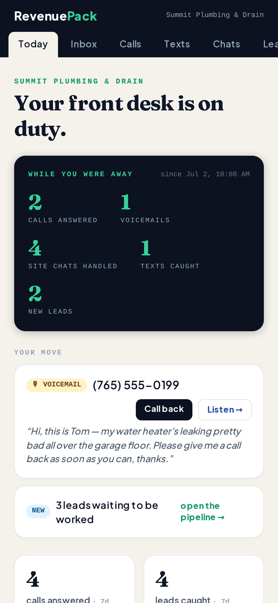RevenuePack on iPhone — the morning view of everything the AI front desk caught overnight