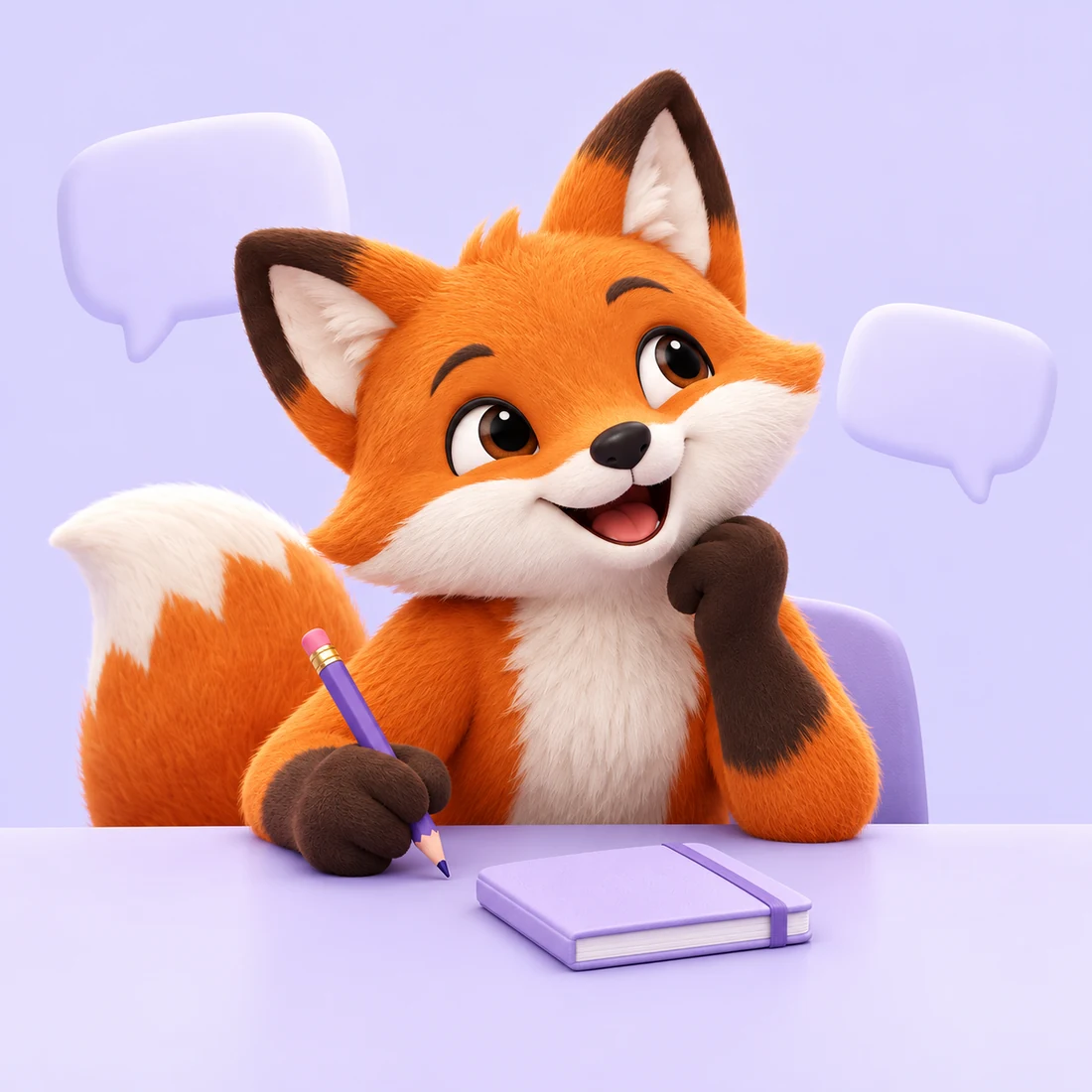 ThreadFox, an orange fox with a purple pencil and notebook